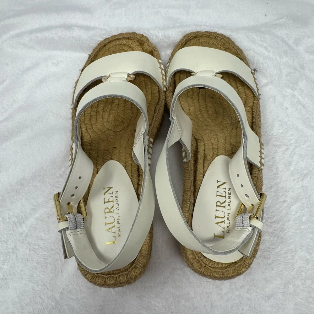 Lauren Ralph‎ Lauren White Leather Bena Wedge Espadrilles Size 7.5 Gold-tone